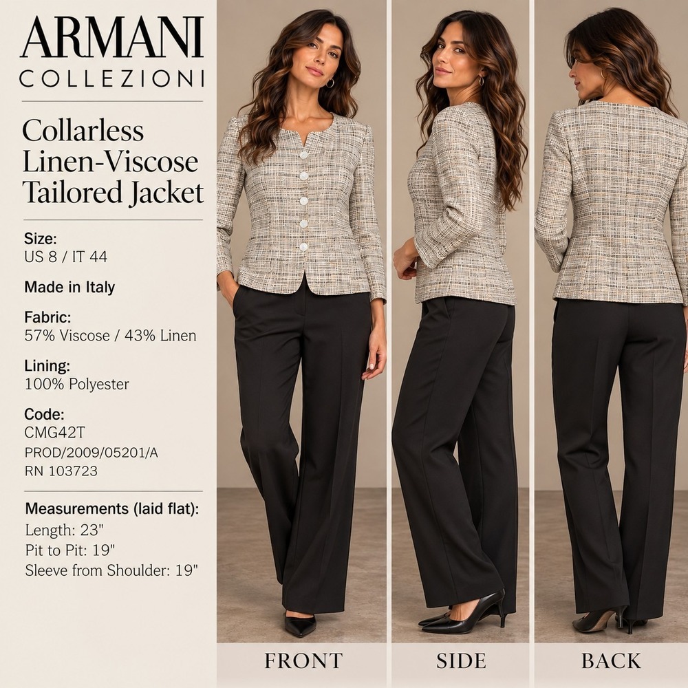 Armani Collezioni Jacket Womens 8 Linen Viscose Collarless Made Italy CMG42T